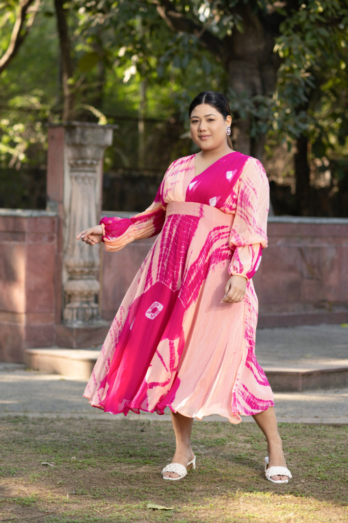 Women's Peach And Pink Tie Dye A-Line Fit And Flare Maxi Dress