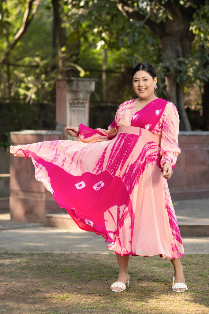 Women's Peach And Pink Tie Dye A-Line Fit And Flare Maxi Dress