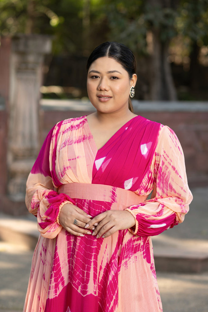 Women's Peach And Pink Tie Dye A-Line Fit And Flare Maxi Dress