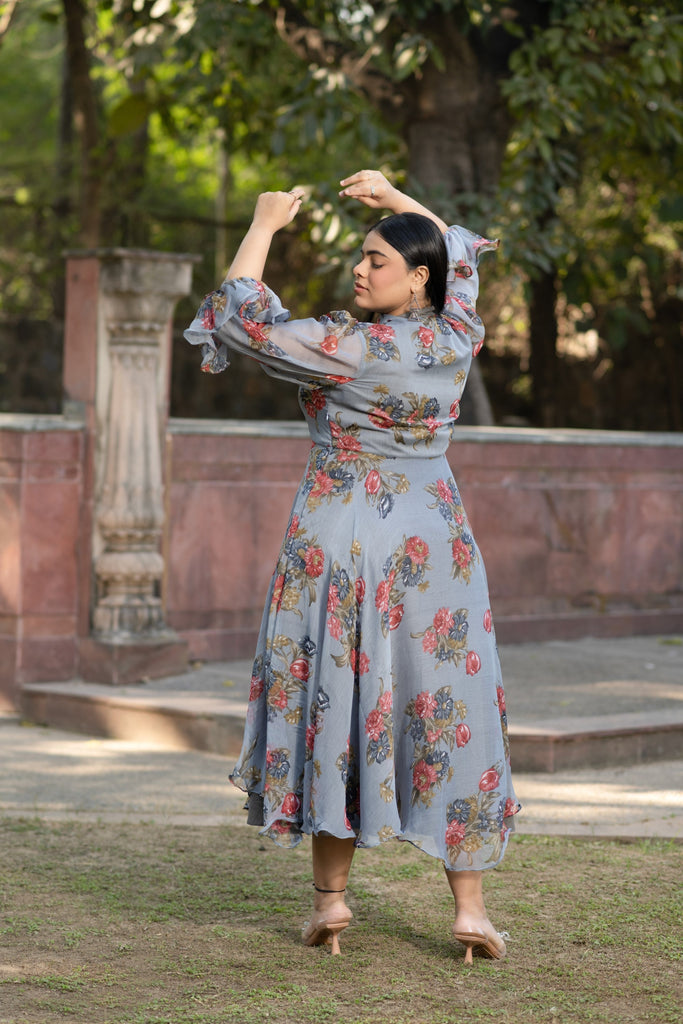 Women's Grey Maxi Dress Floral - 1Pc Set