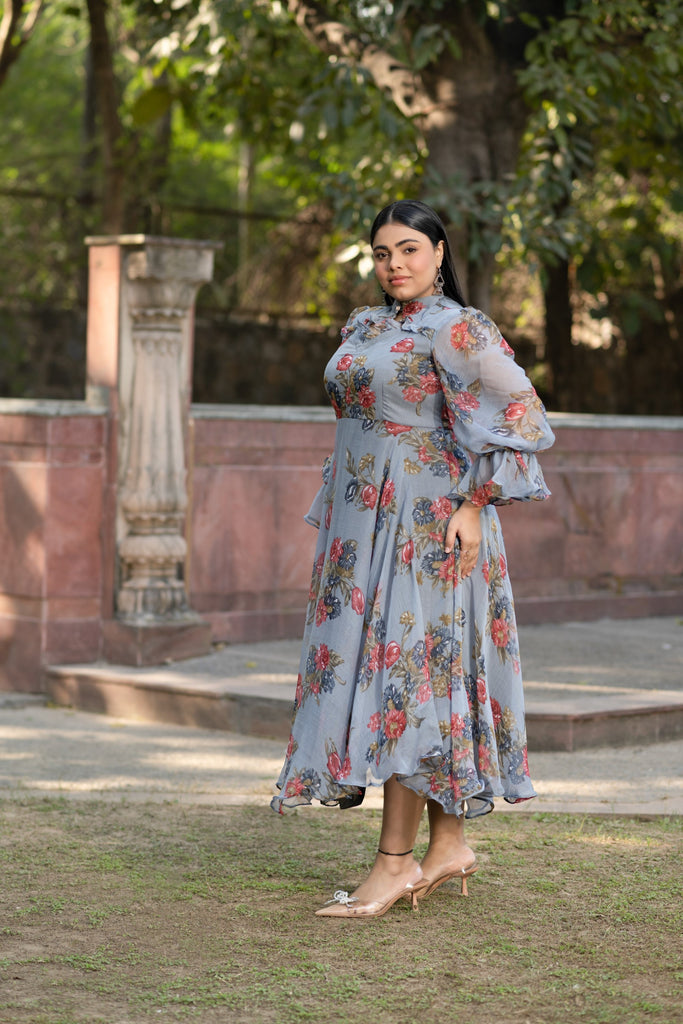 Women's Grey Maxi Dress Floral - 1Pc Set