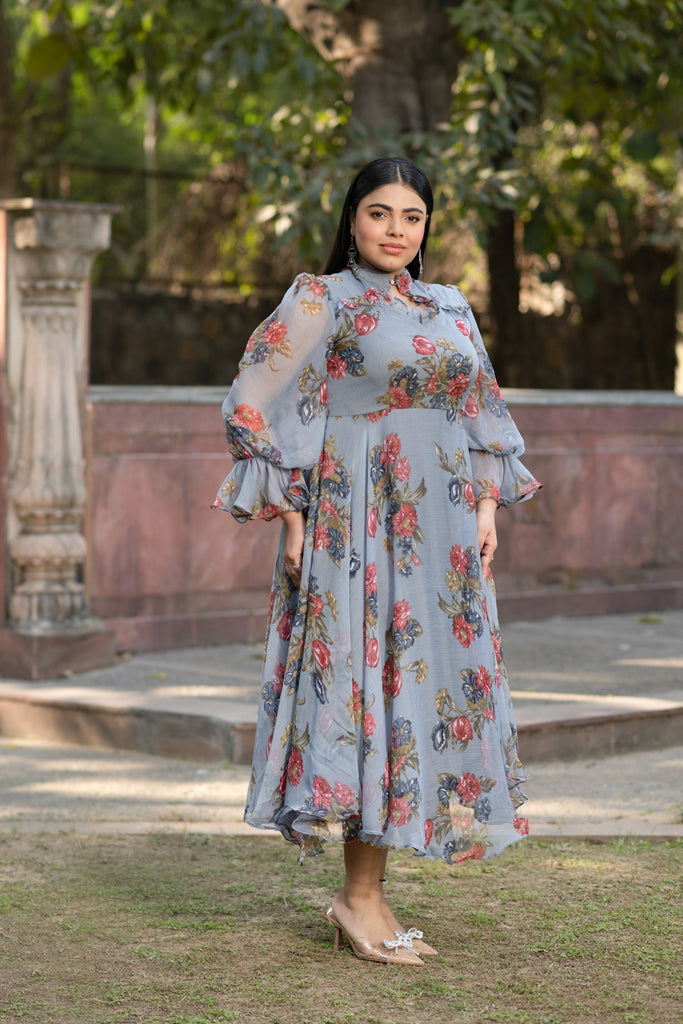 Women's Grey Maxi Dress Floral - 1Pc Set