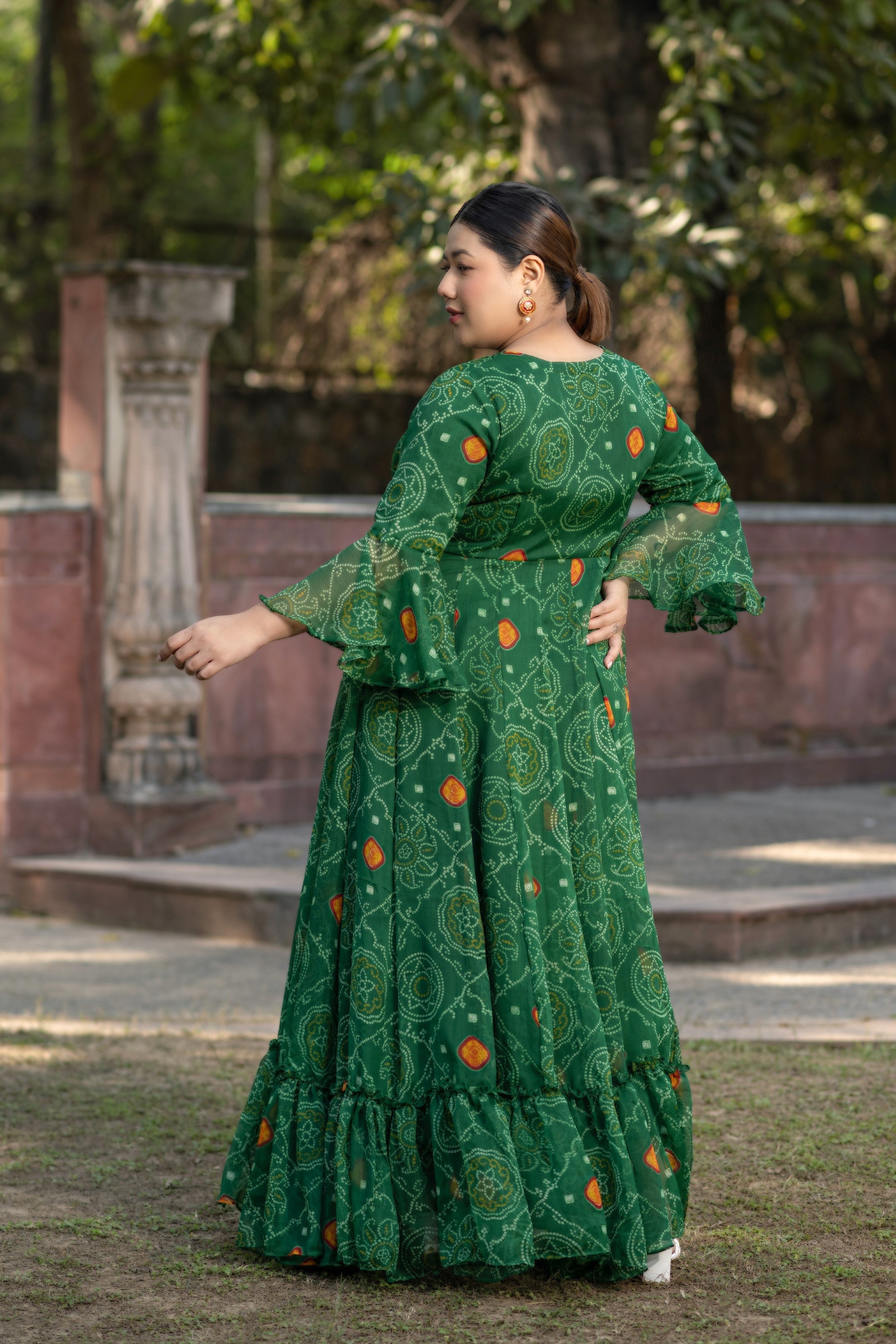 Women's Green Bandhani Print Gown - Saras The Label (1 Pc Set)