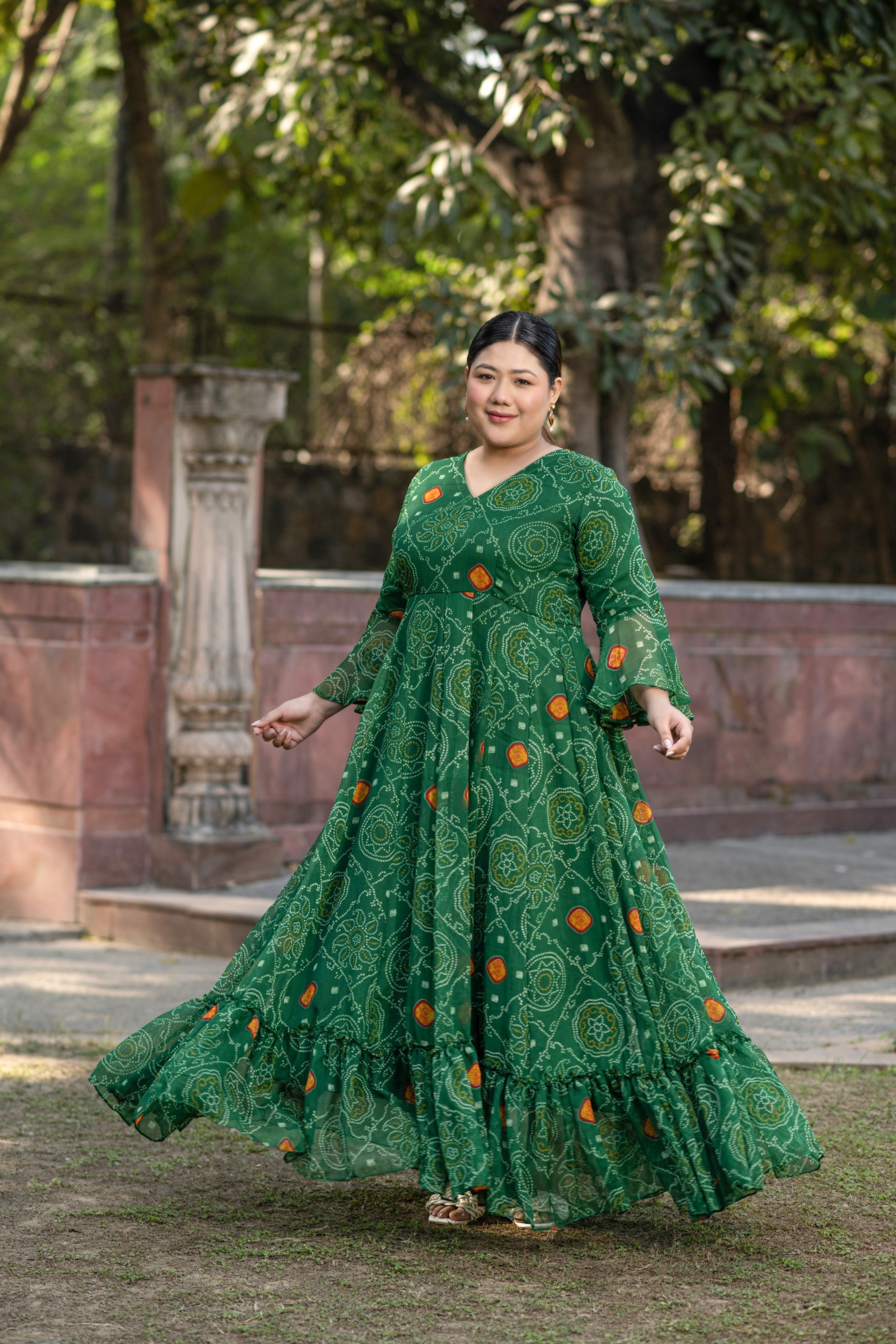 Women's Green Bandhani Print Gown - Saras The Label (1 Pc Set)