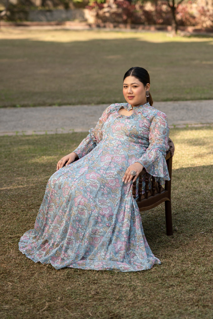 Women's Turquoise Blue Printed Maxi Dress - Saras The