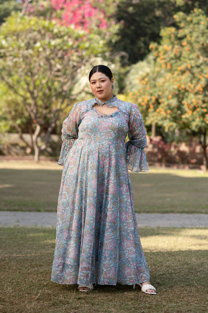 Women's Turquoise Blue Printed Maxi Dress - Saras The