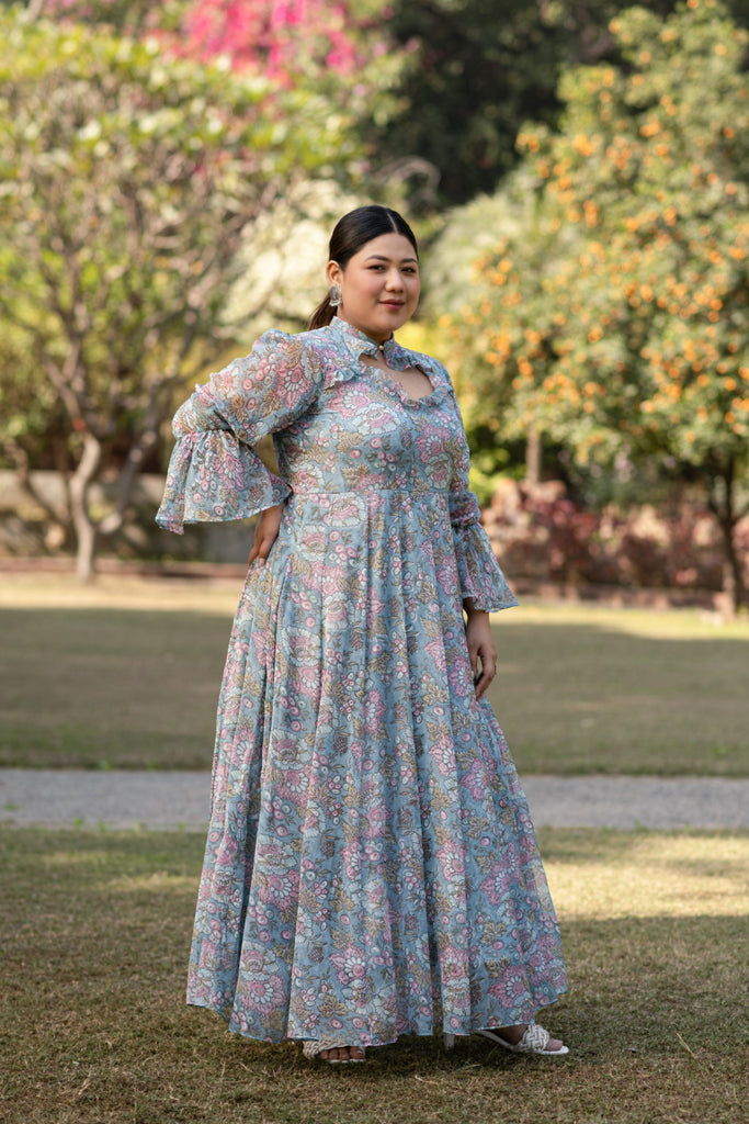 Women's Turquoise Blue Printed Maxi Dress - Saras The