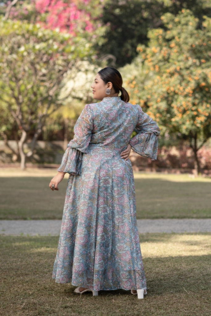 Women's Turquoise Blue Printed Maxi Dress - Saras The