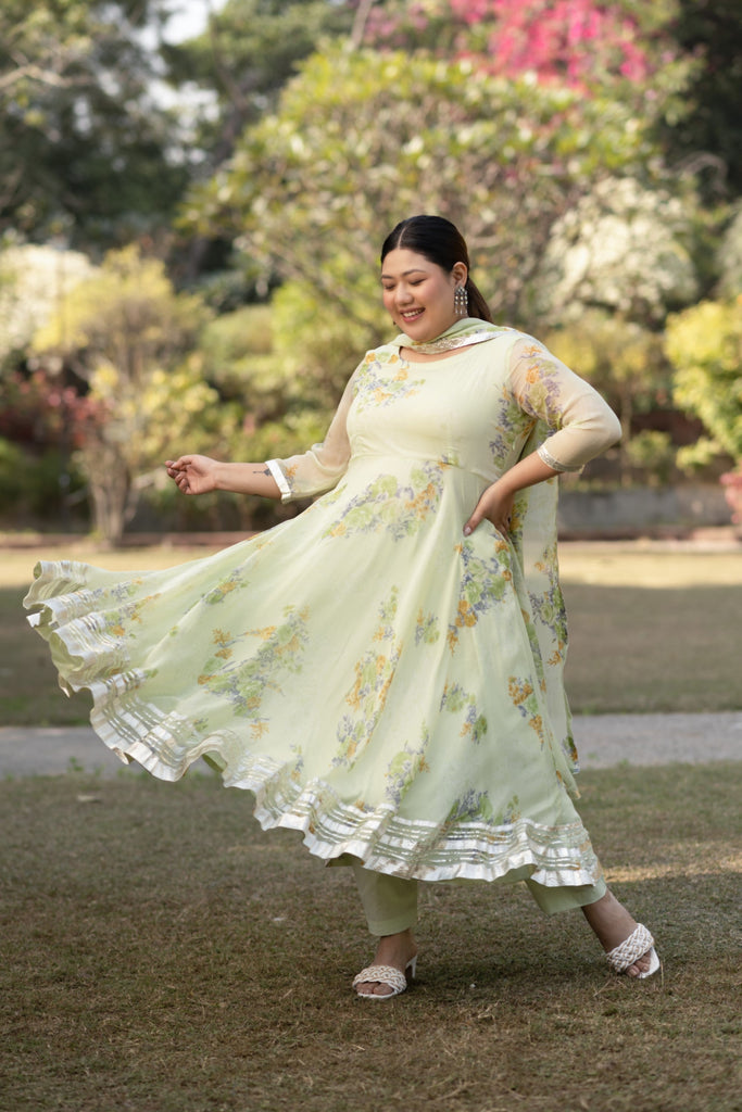 Women's Floral Printed Lime Green Suit Set