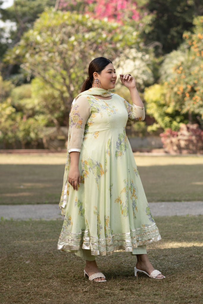 Women's Floral Printed Lime Green Suit Set