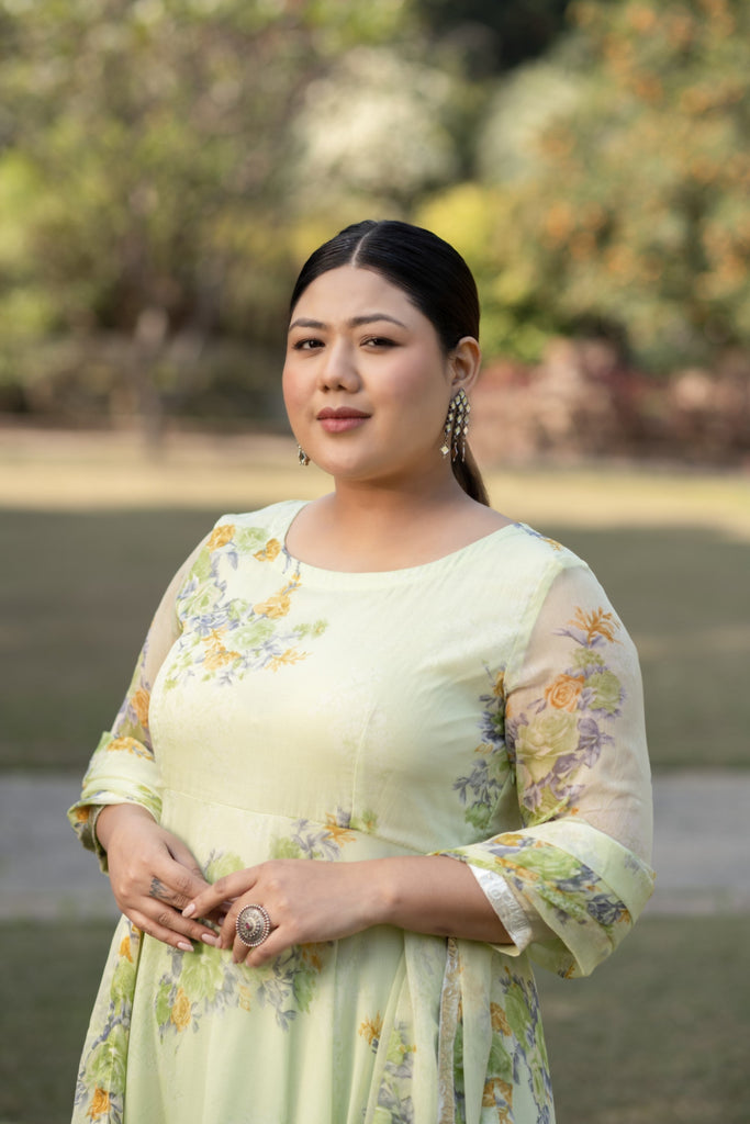 Women's Floral Printed Lime Green Suit Set