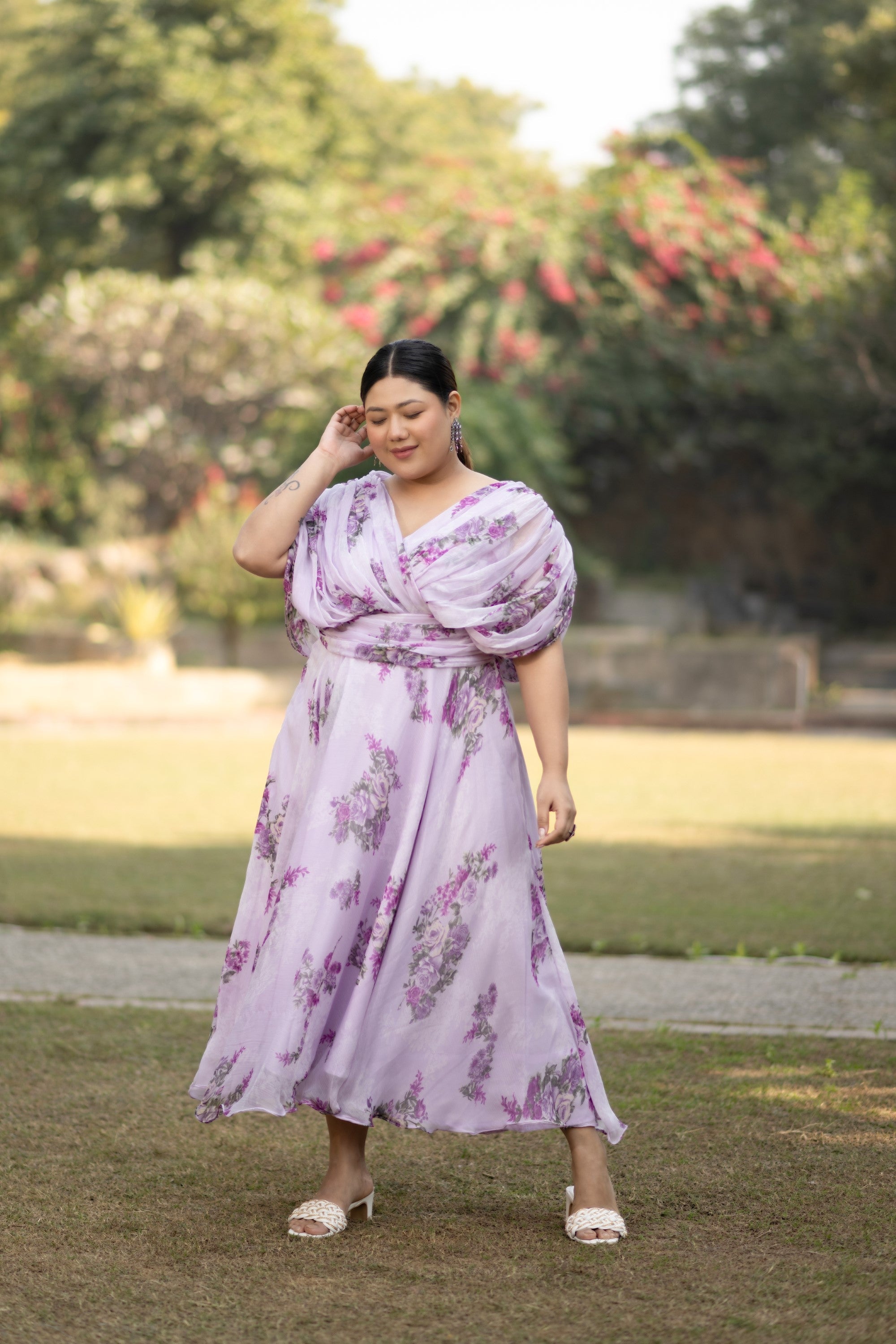 Women's Lavender Purple Floral Printed Maxi Dress - Saras The Label ( 1 Pc Set )
