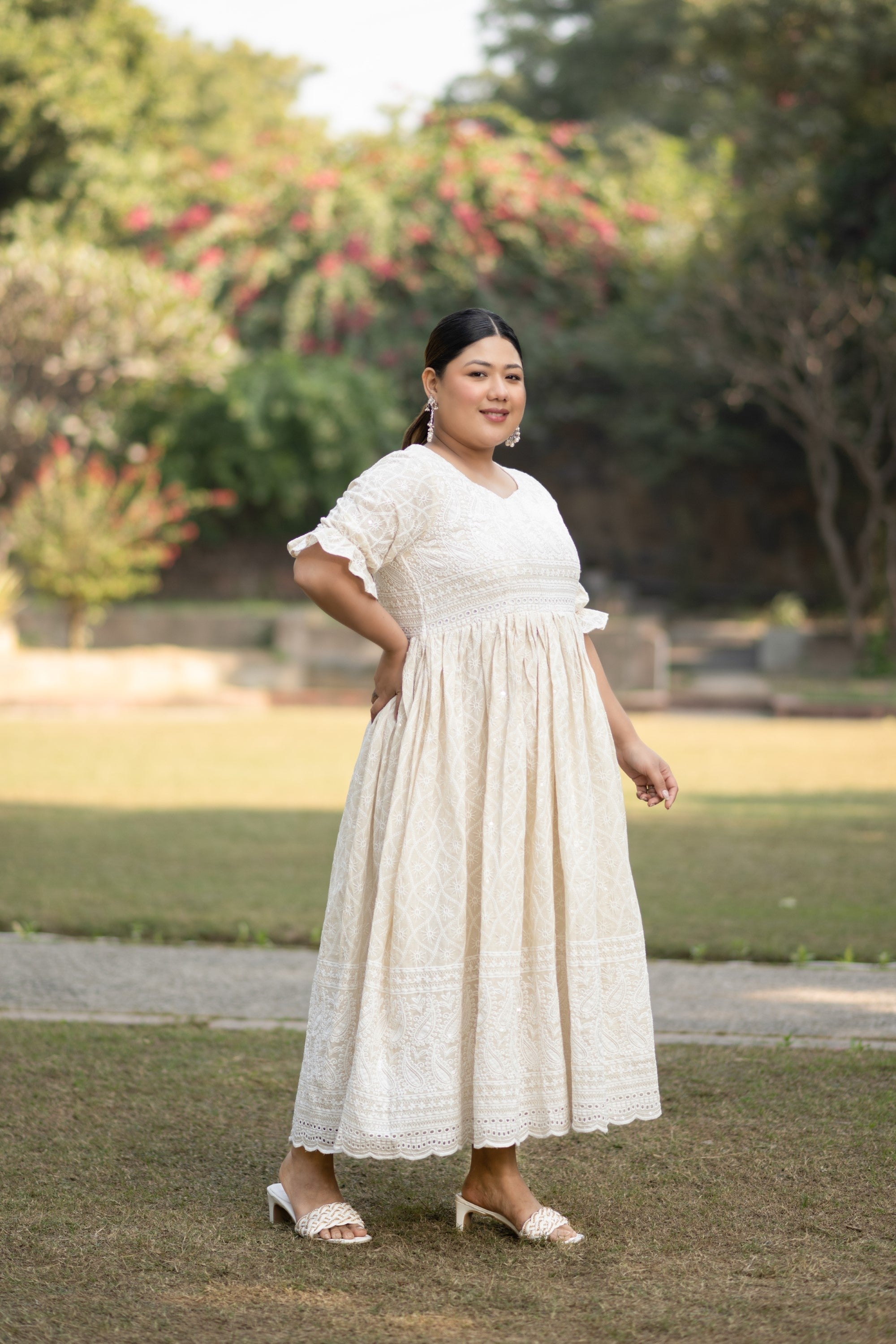 Women's White Sequin & Chikankari Maxi Dress - Saras The Label ( 1 Pc Set )