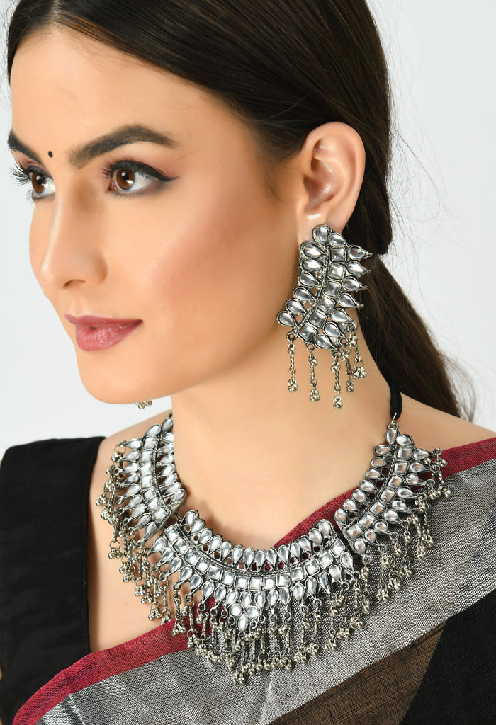 Kamal Johar Silver-Plated Kundan Necklace with Earrings white Mangal