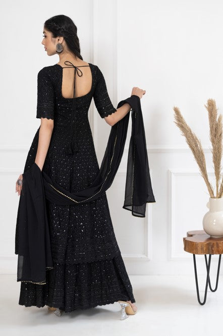 Women's Black Embroidered Dress With Dupatta