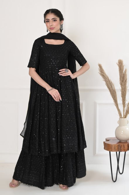 Women's Black Embroidered Dress With Dupatta - Saras The Label