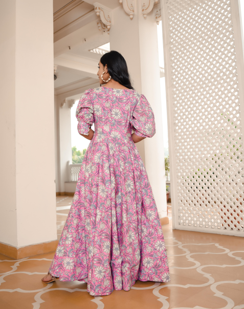 Women's Bubblegum Pink Floral Dress - Indian Virasat