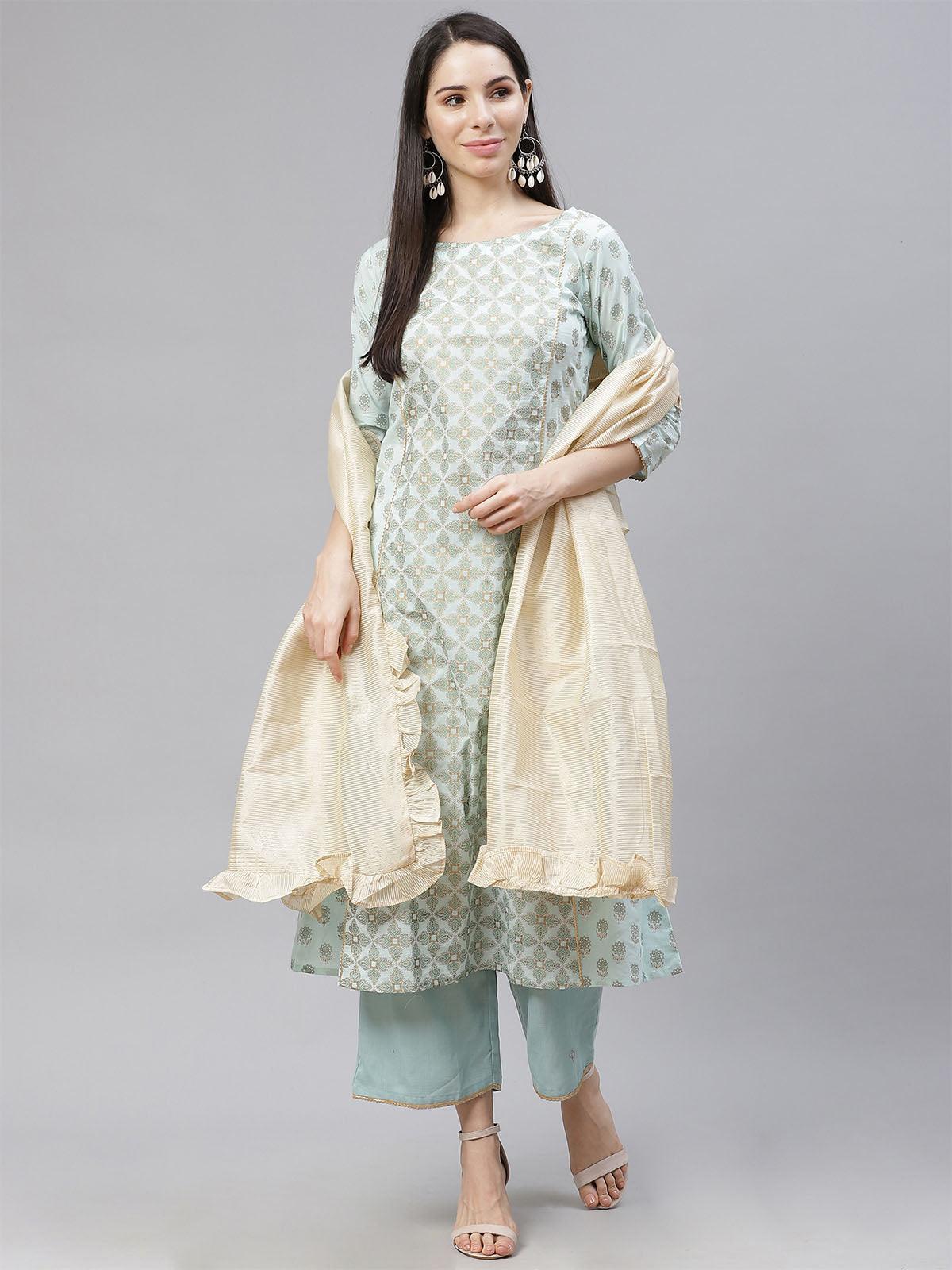 Women's Sea Green A Line Princesses Kali With Trouser And Dupatta Set - Odette