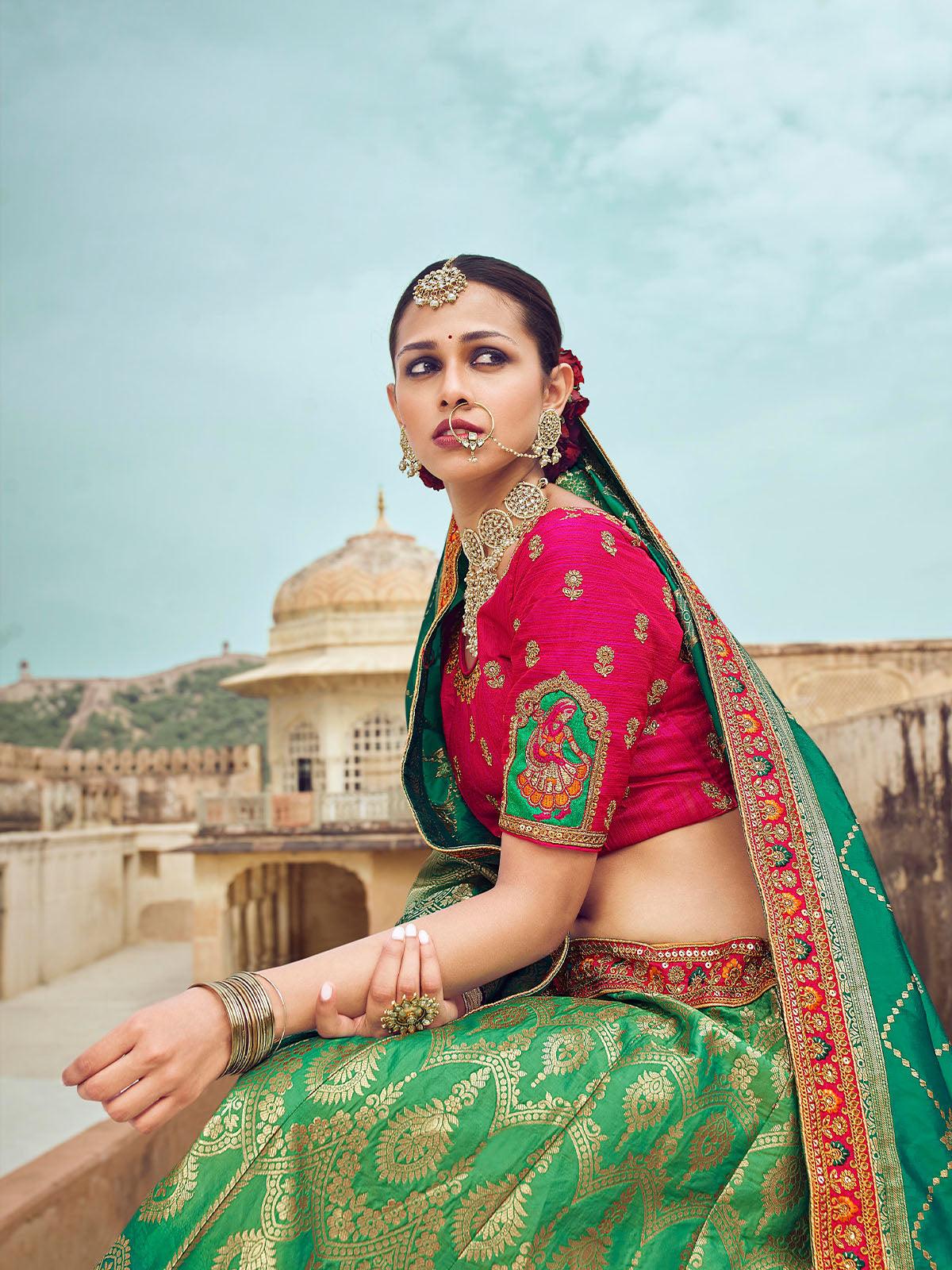 Women's Sea Green Banarasi Silk Heavy Designer Lehenga - Odette