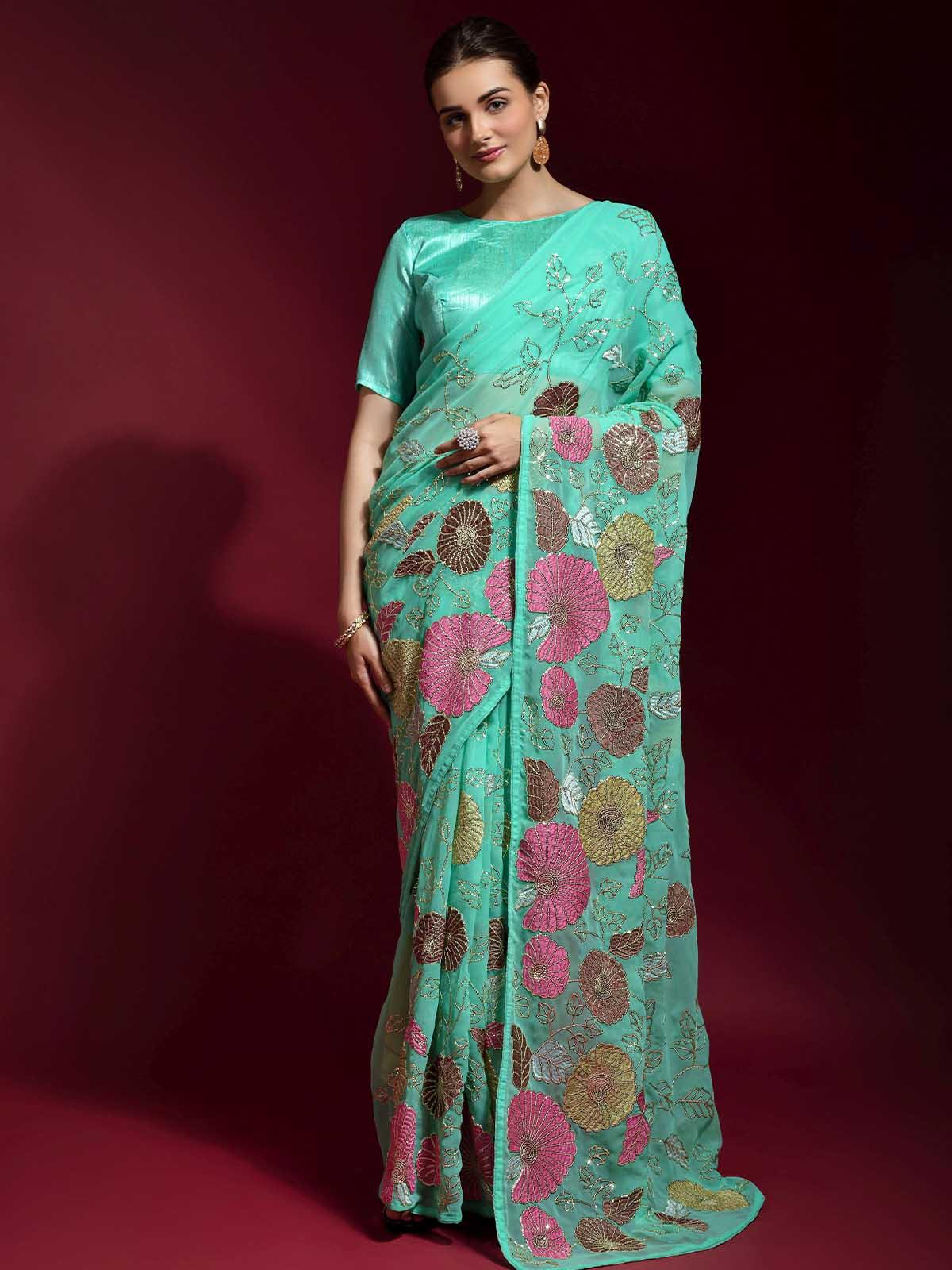 Women's Sea Green Banglori Silk Embroidered Saree With Blouse - Odette