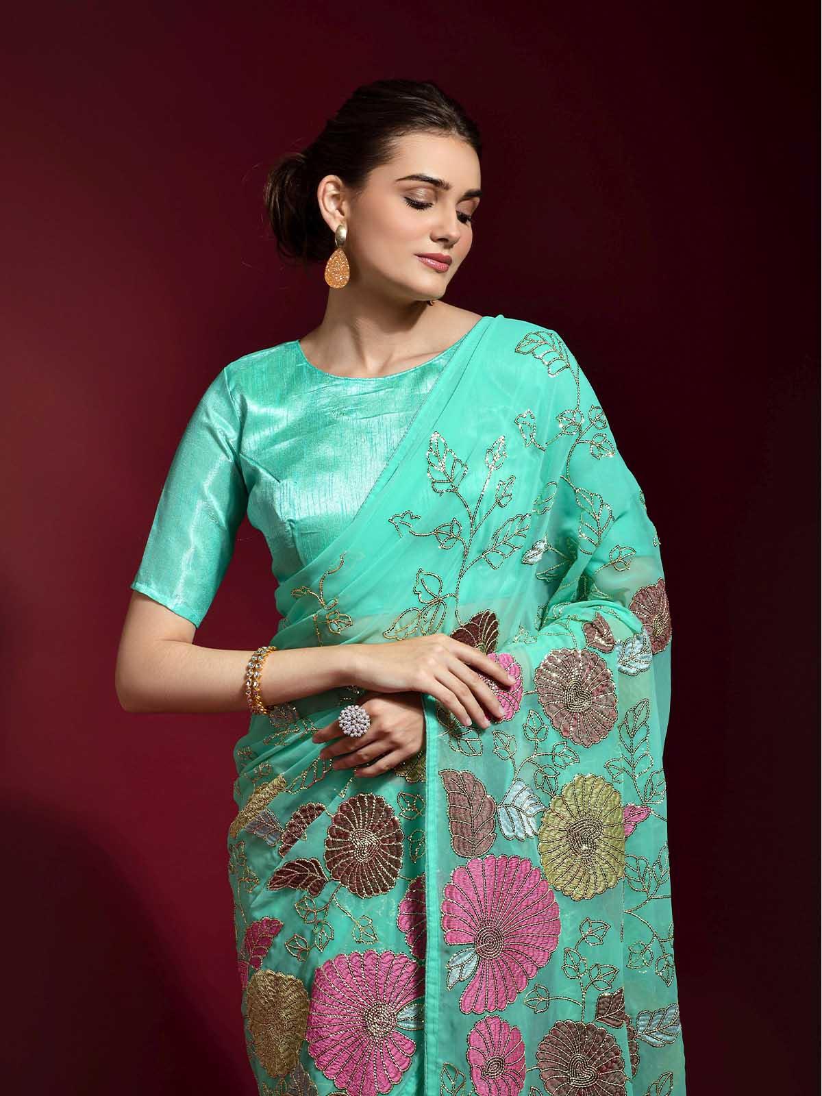 Women's Sea Green Banglori Silk Embroidered Saree With Blouse - Odette