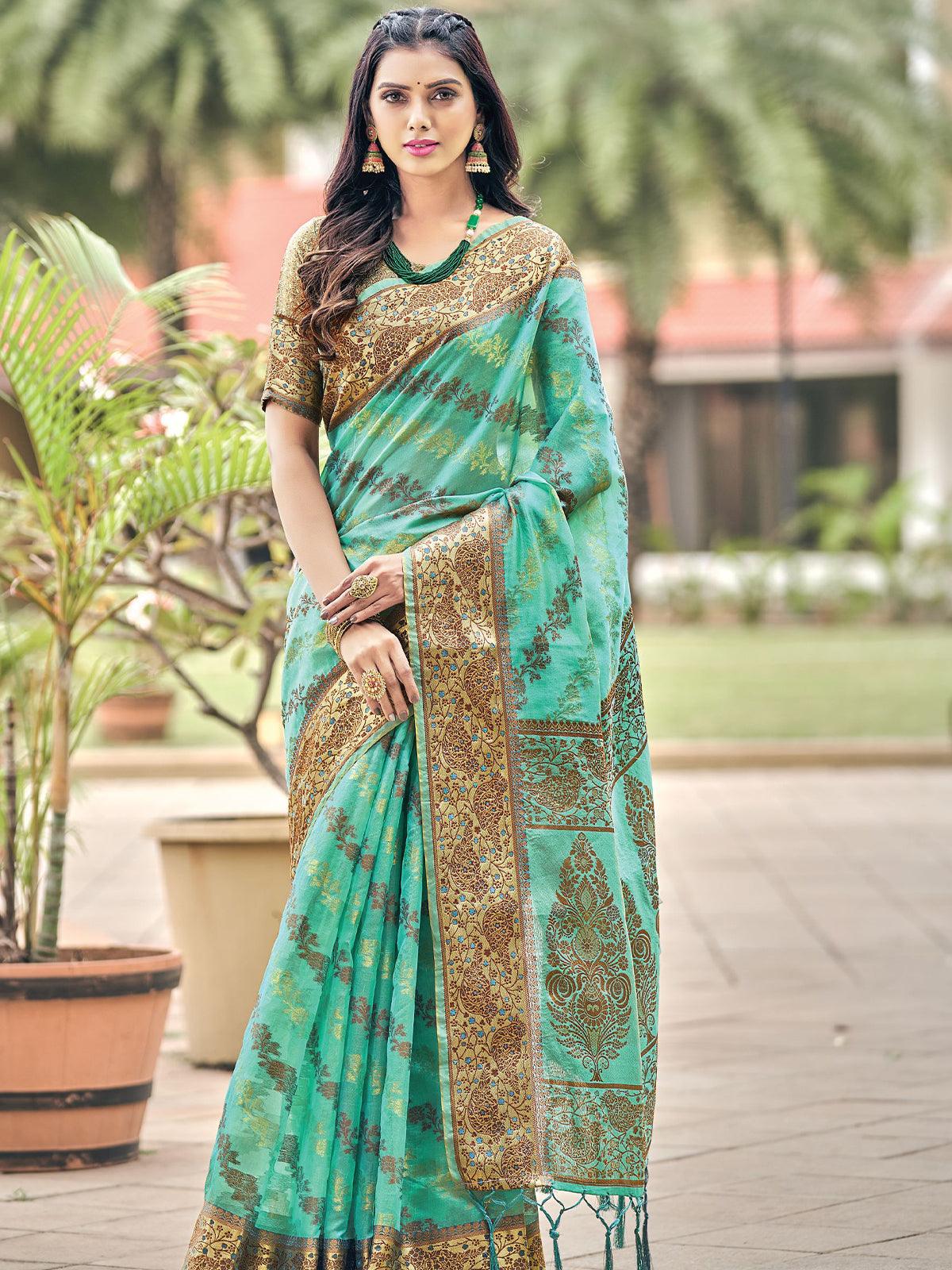 Women's Sea Green Color Organza Saree With Blouse - Odette