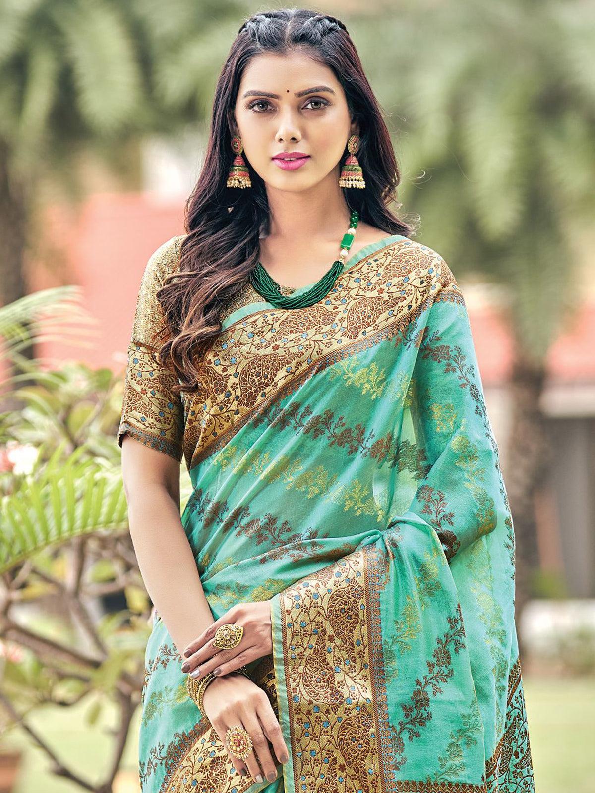 Women's Sea Green Color Organza Saree With Blouse - Odette