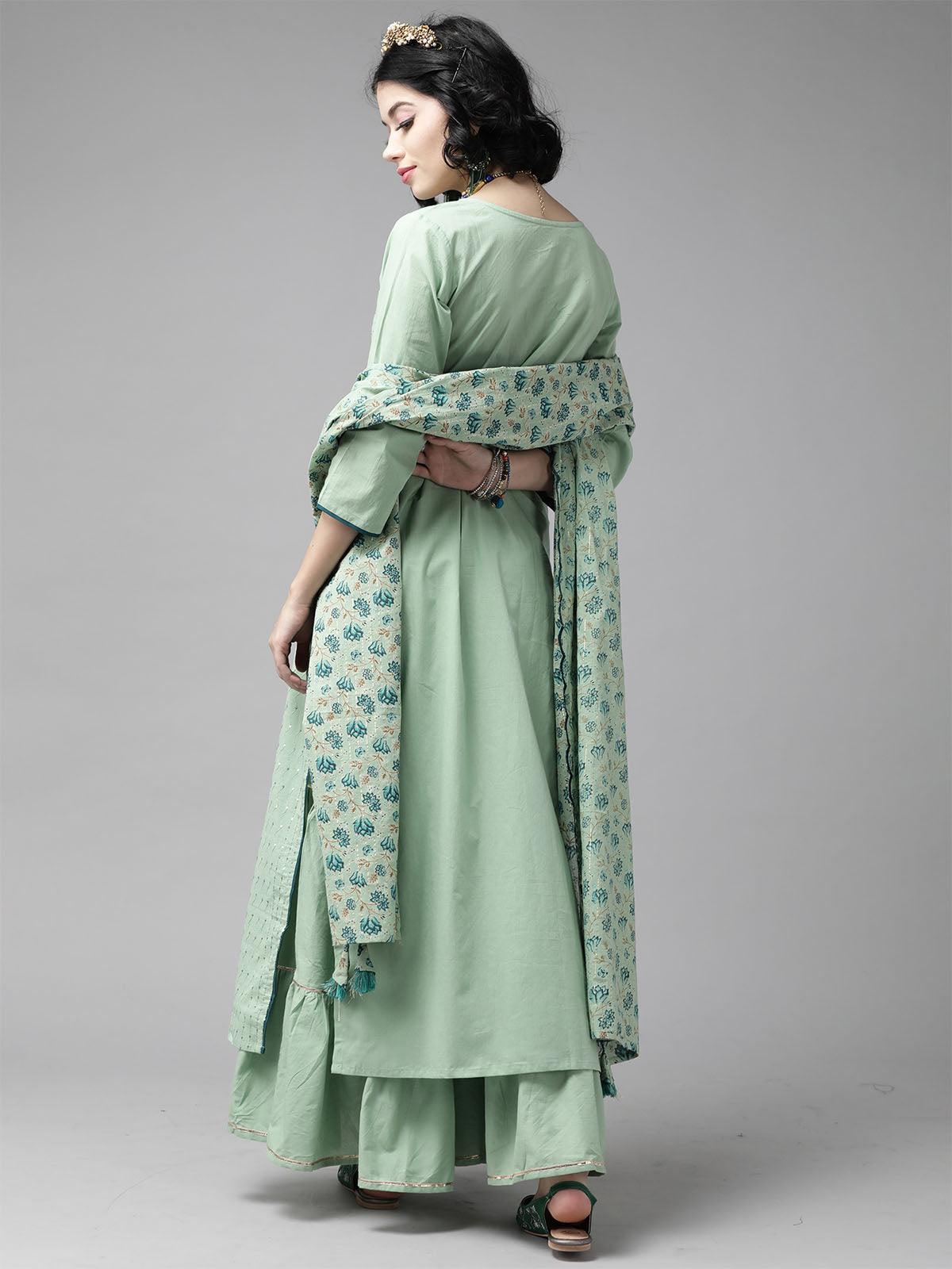 Women's Sea Green Embroidered Straight Kurta Sharara With Dupatta Set - Odette