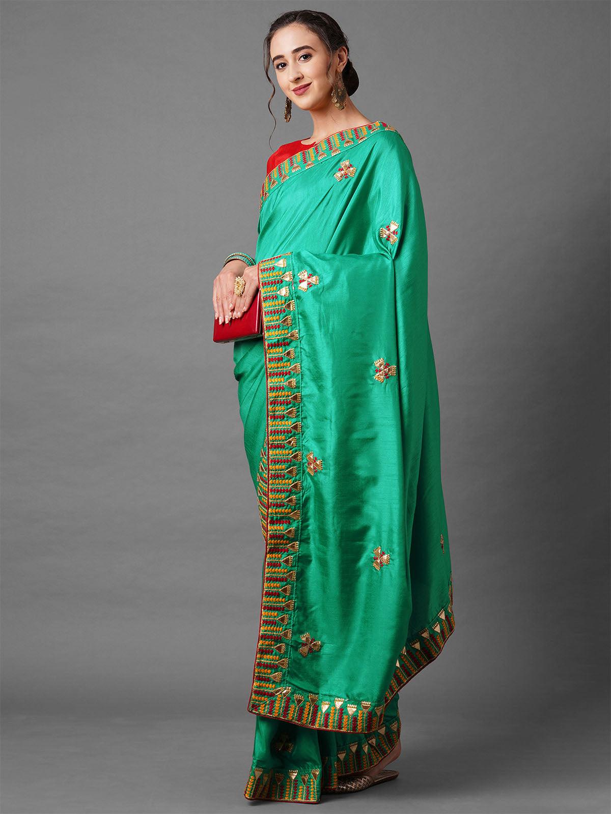 Women's Sea Green Festive Silk Blend Embroidered Saree With Unstitched Blouse - Odette