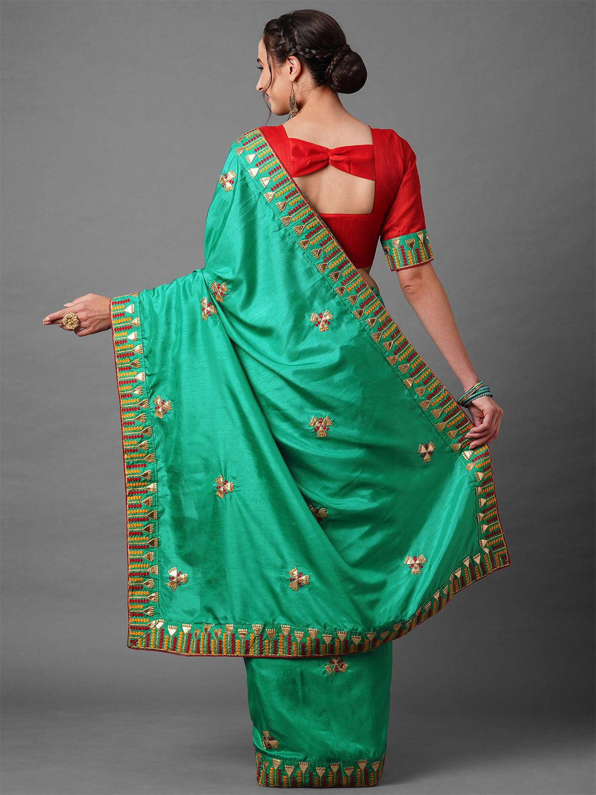Women's Sea Green Festive Silk Blend Embroidered Saree With Unstitched Blouse - Odette
