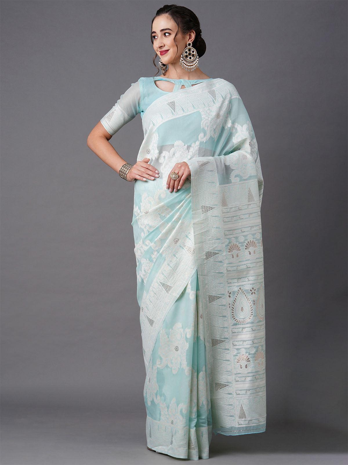 Women's Sea Green Festive Silk Blend Woven Design Saree With Unstitched Blouse - Odette