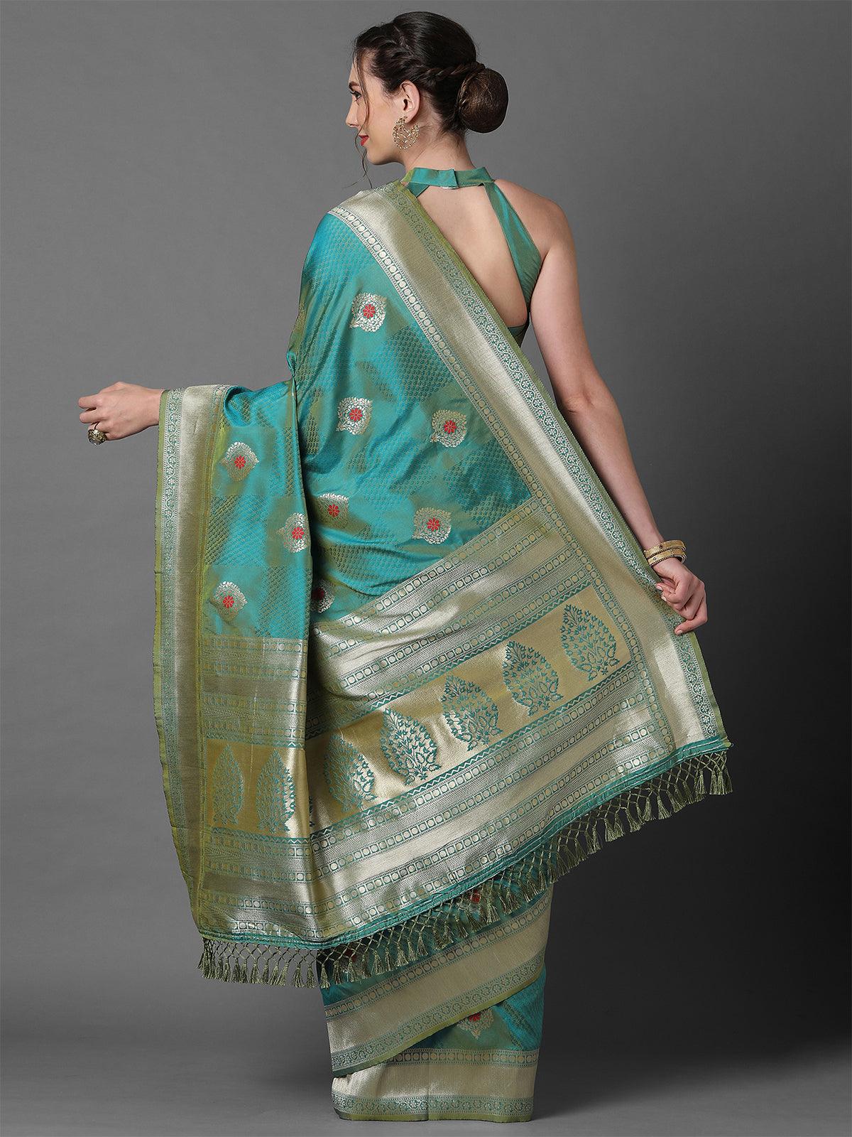 Women's Sea Green Festive Silk Blend Woven Design Saree With Unstitched Blouse - Odette