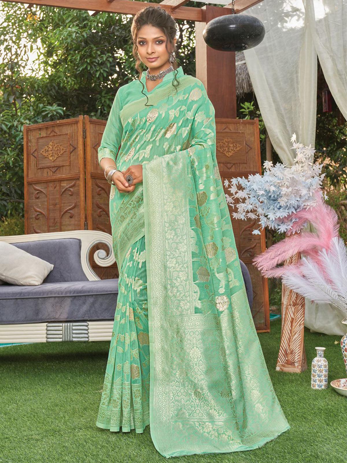 Women's Sea Green Heavy Woven Designer Linen Saree - Odette