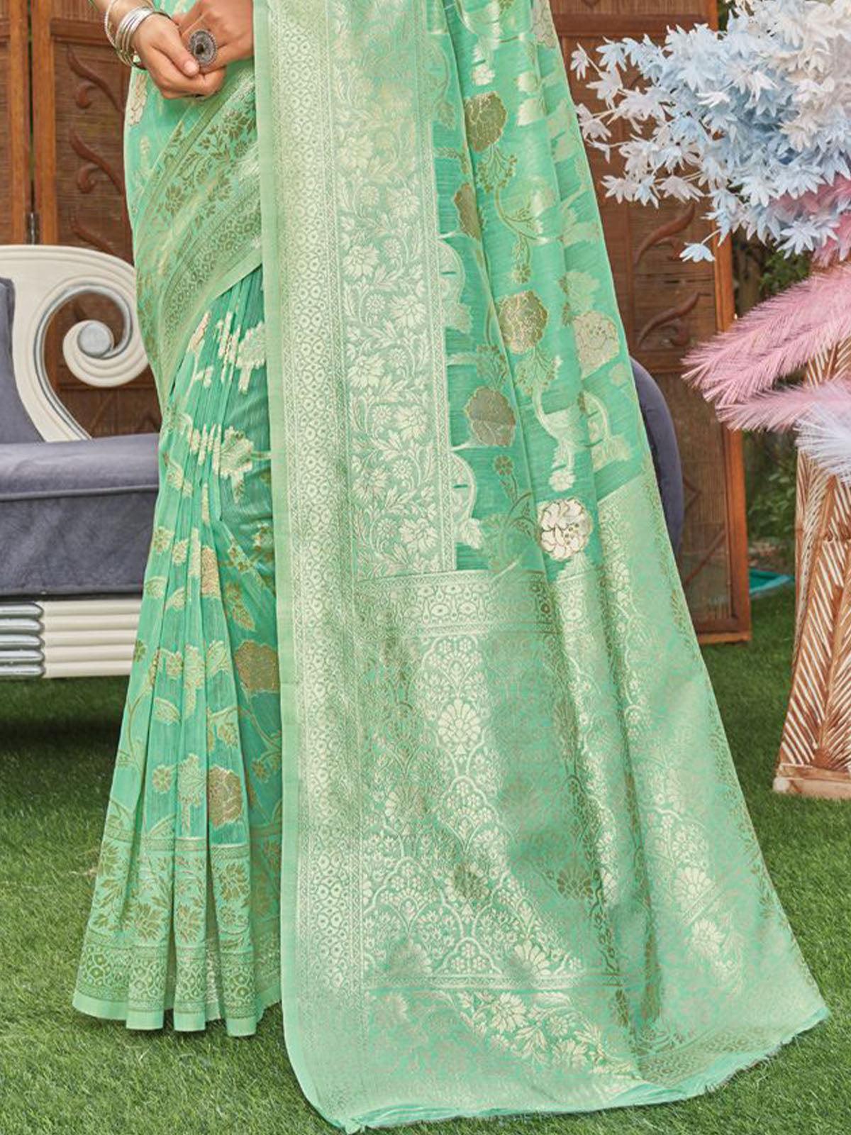 Women's Sea Green Heavy Woven Designer Linen Saree - Odette