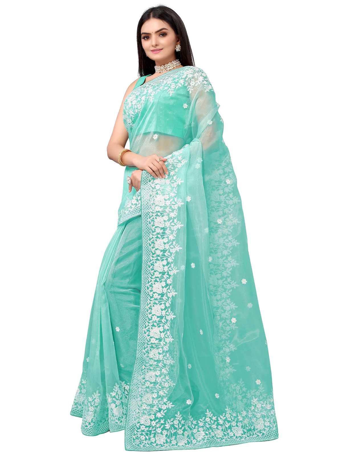Women's Sea Green Organza Embroidered Saree With Blouse - Odette
