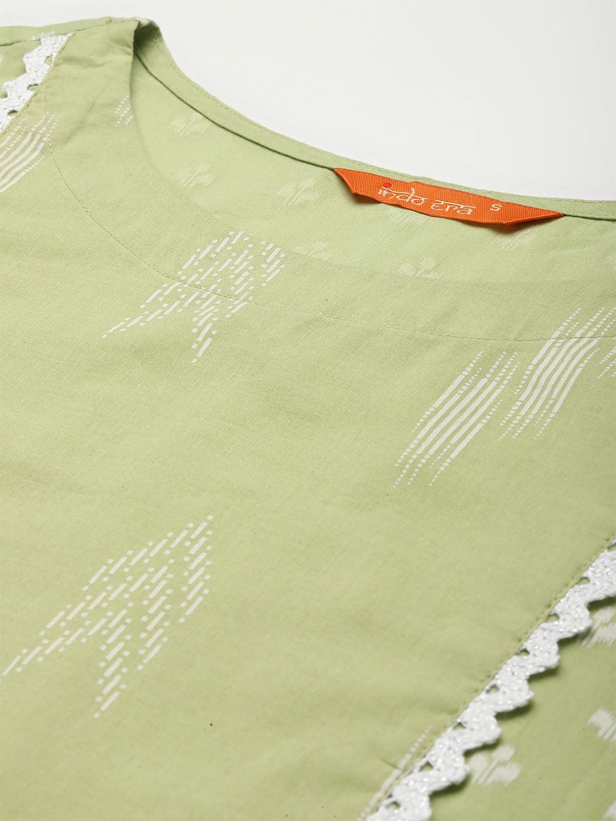 Women's Sea Green Printed A-Line Kurta Trouser With Dupatta Set - Odette