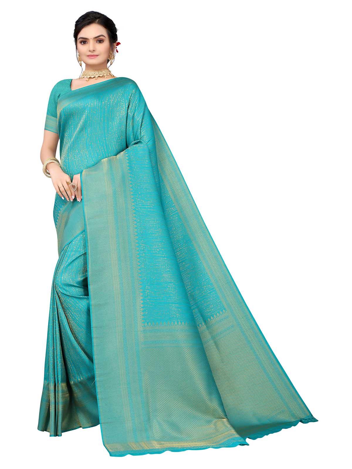 Women's Sea Green Silk Blend Woven Saree With Blouse - Odette