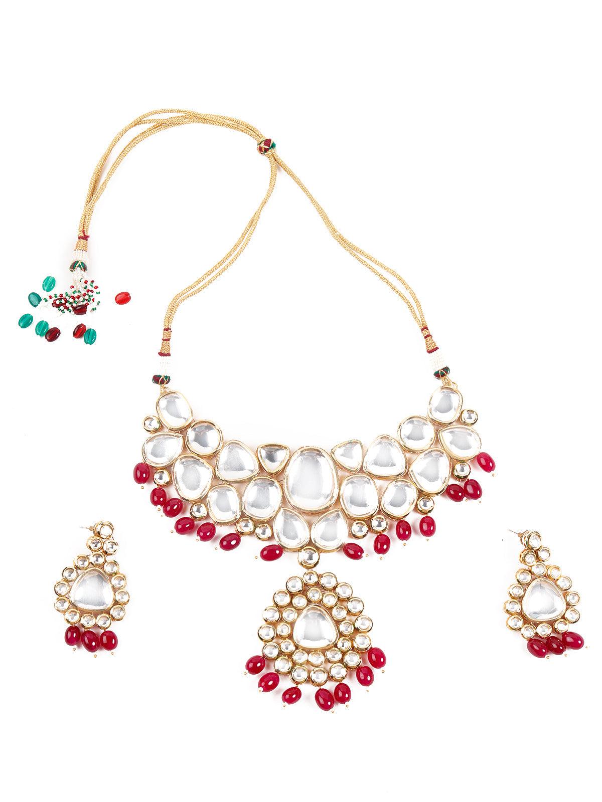 Women's Semi-Precious Kundan And Red Mani Necklace Set - Odette