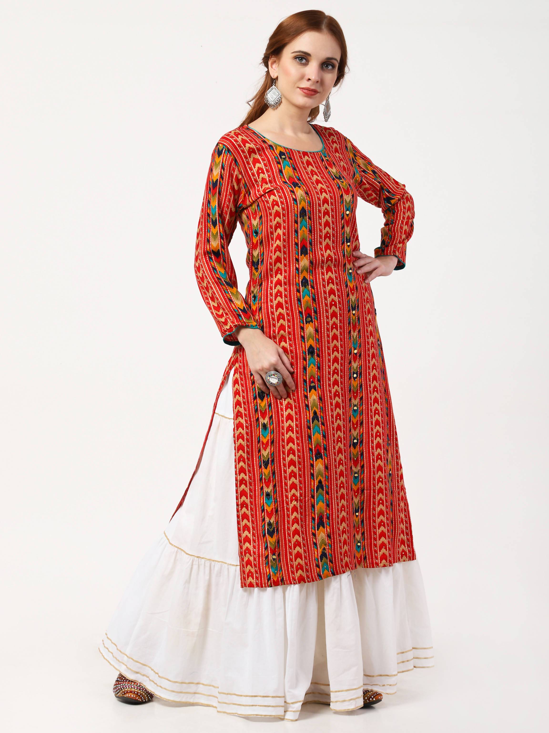 Women's Multicolor Viscose Rayon Kurta With Skirt & Embroidered Dupatta Set - Cheera