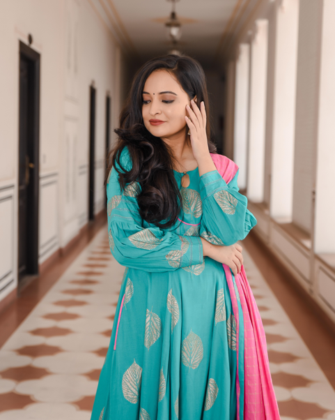 Women's Nifty Turquoise Gold Leaf Boota Print Dress - Indian Virasat