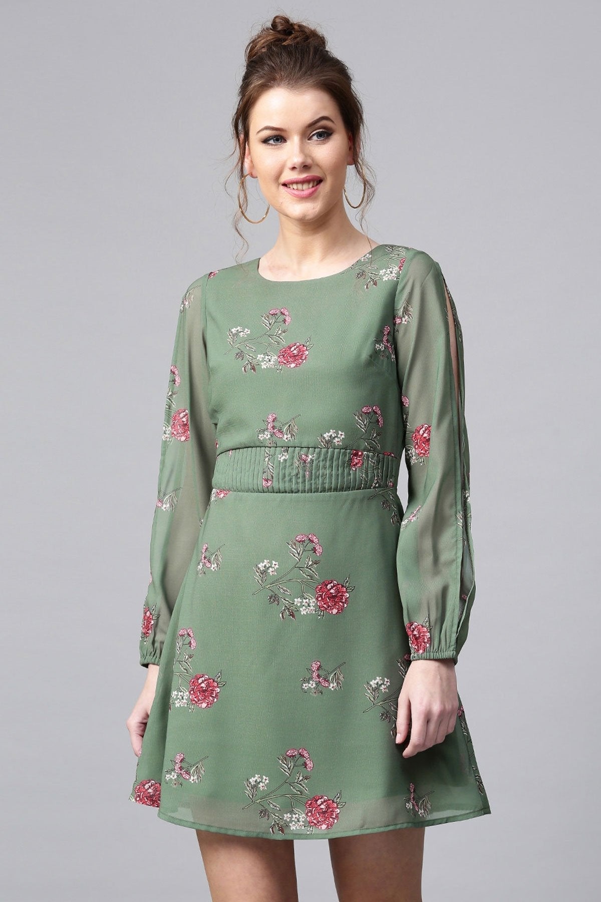 Women's Green Floral Skater Dress - SASSAFRAS