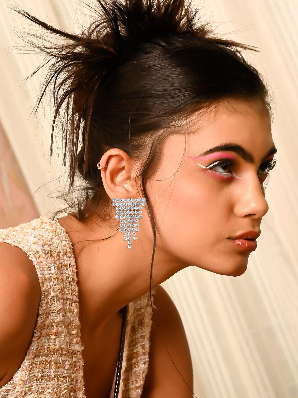 Women's Shinning Crystal Studded Statement Earrings- Silver - Odette