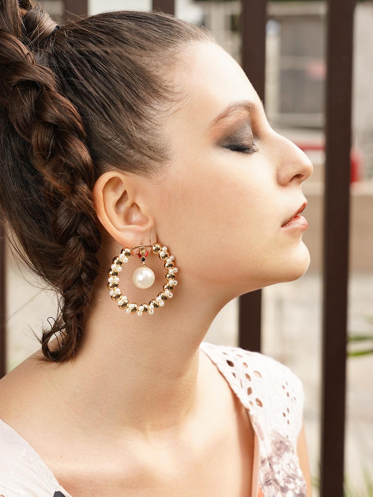 Women's Shiny Golden Pearl Stud Earrings - Odette