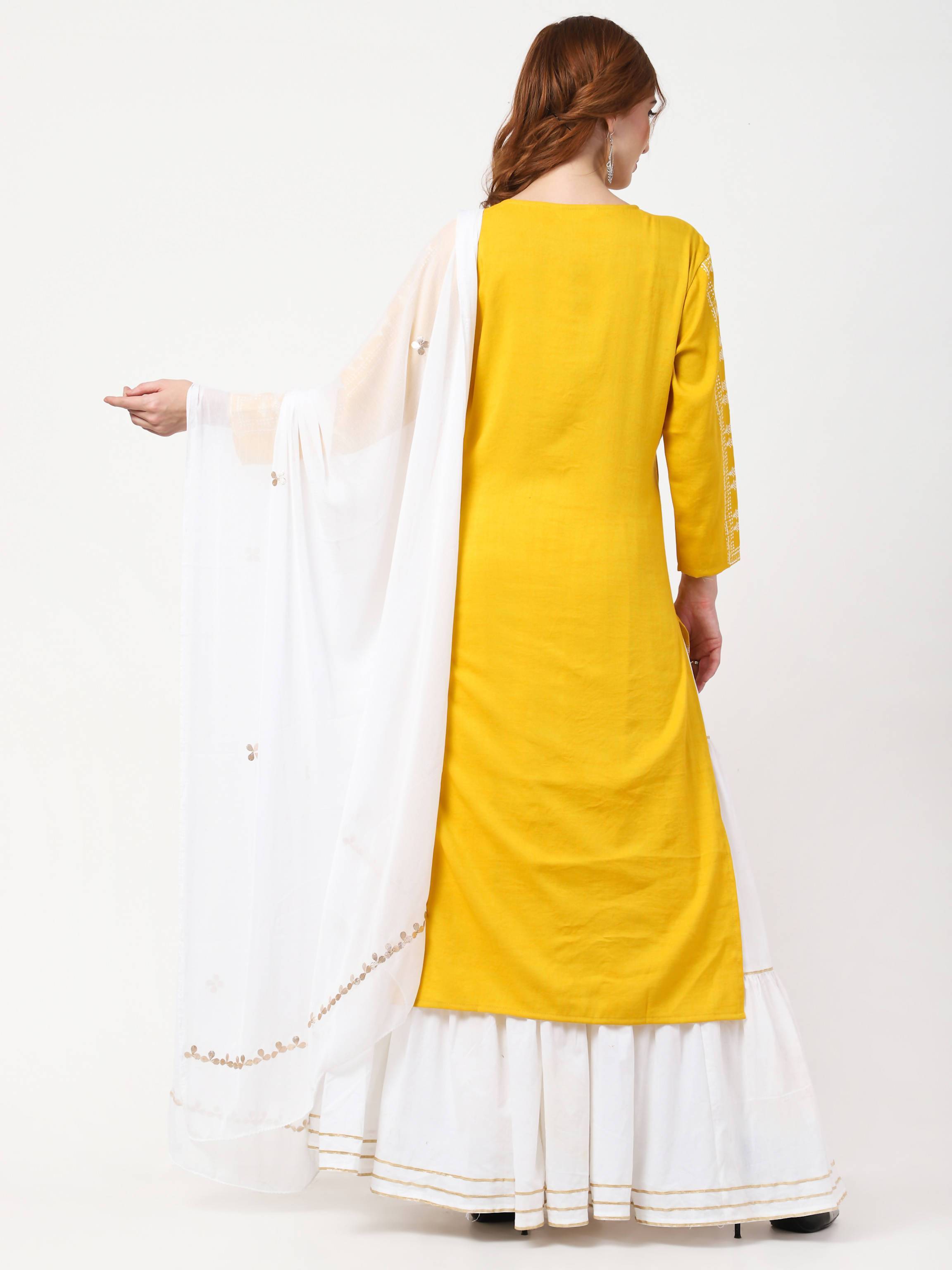 Women's Mustard & White Cotton Kurta With Skirt & Embroidered Dupatta Set - Cheera