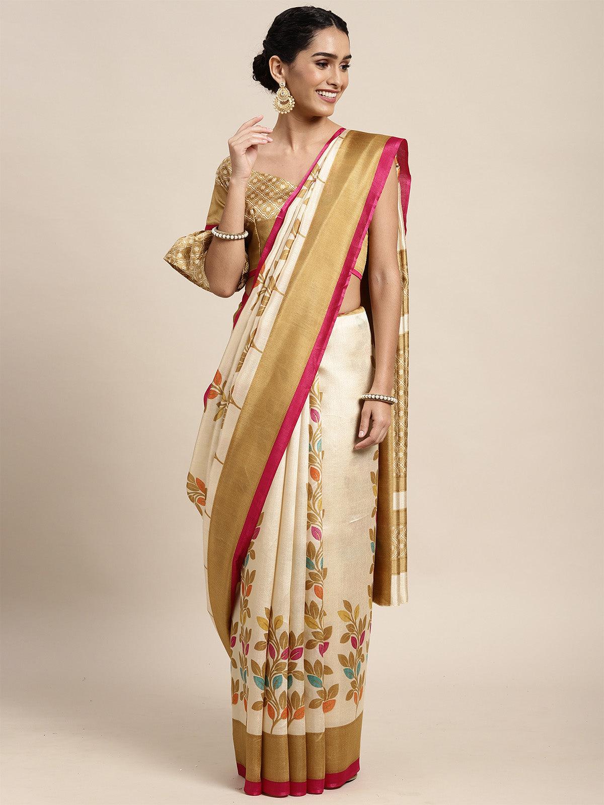 Women's Silk Blend Beige Printed Saree With Blouse Piece - Odette