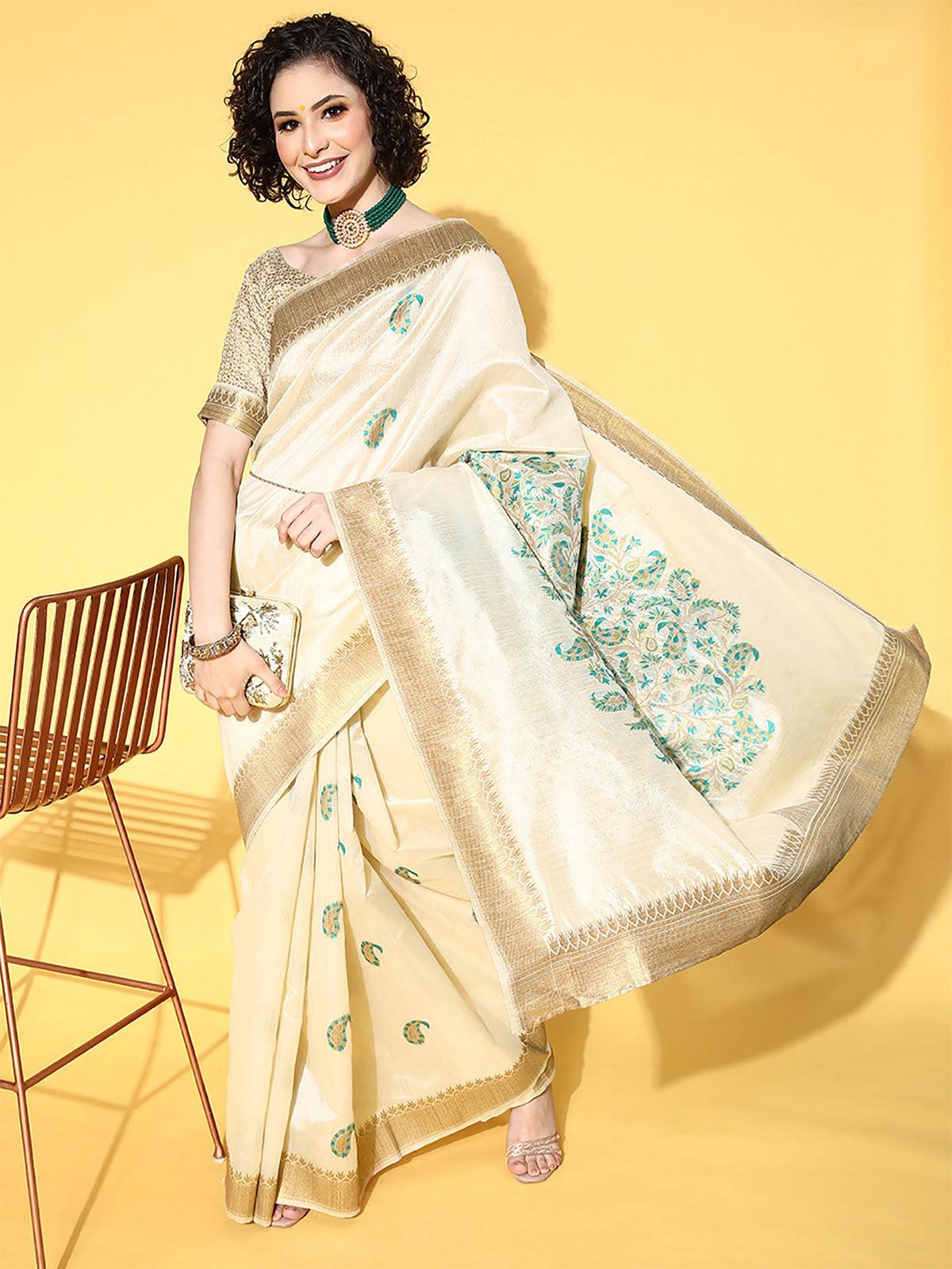 Women's Silk Blend Beige Woven Design Saree With Blouse Piece - Odette