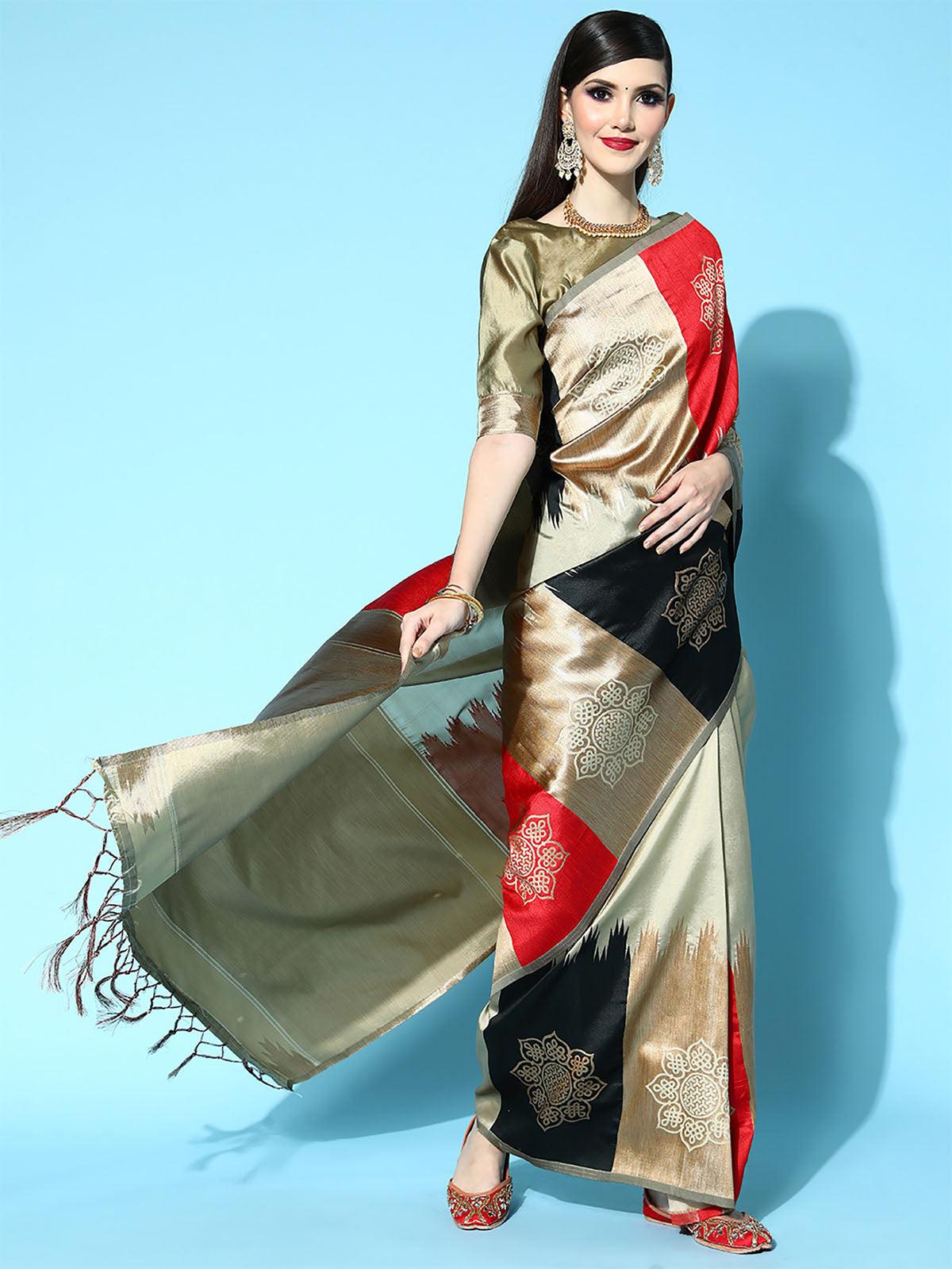 Women's Silk Blend Beige Woven Design Saree With Blouse Piece - Odette