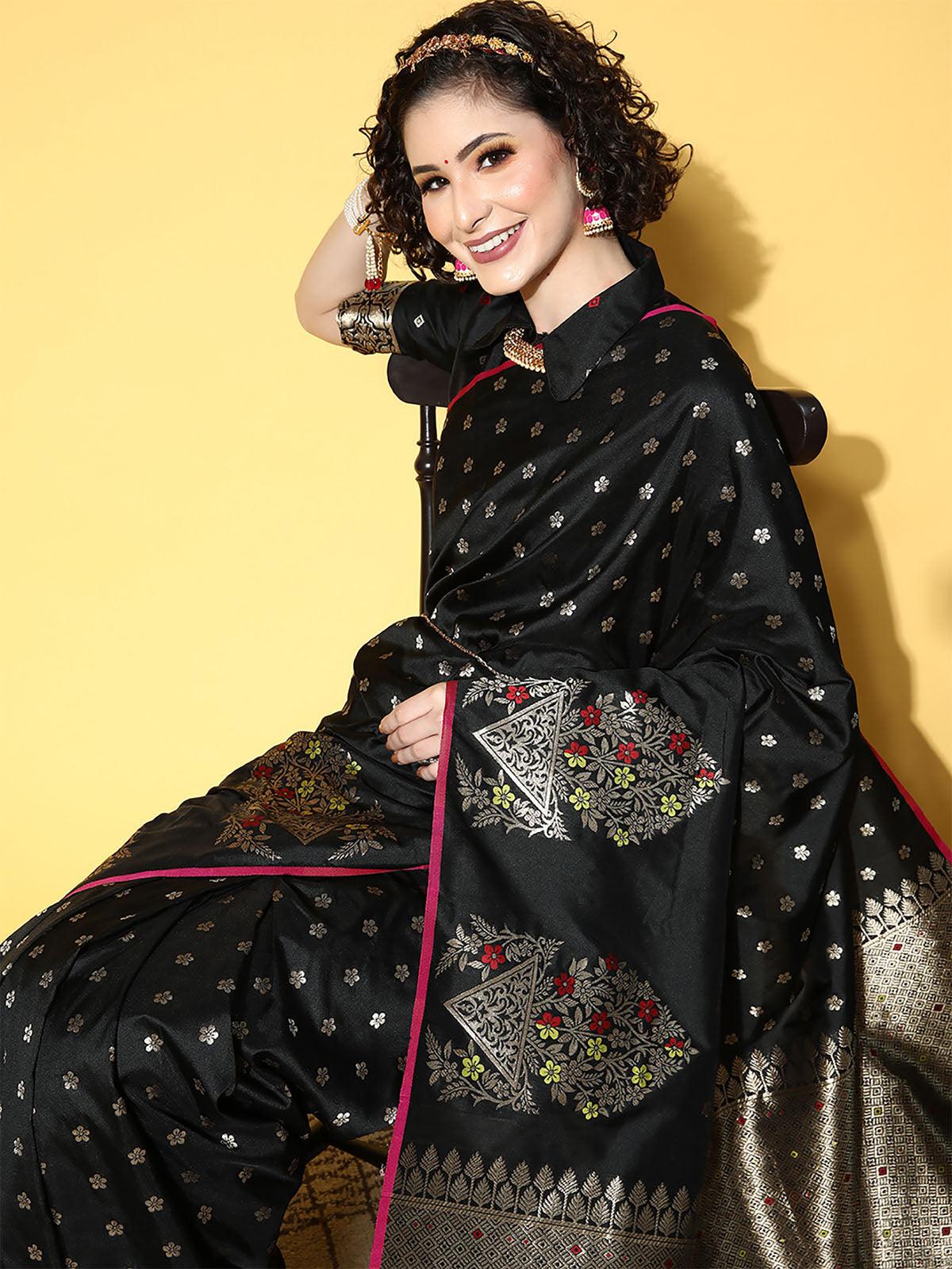 Women's Silk Blend Black Woven Design Saree With Blouse Piece - Odette