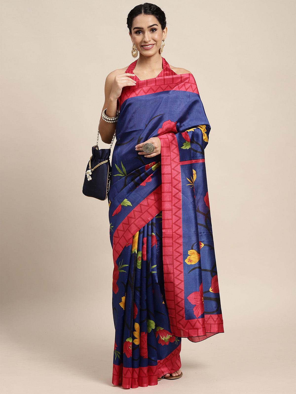 Women's Silk Blend Blue Printed Saree With Blouse Piece - Odette