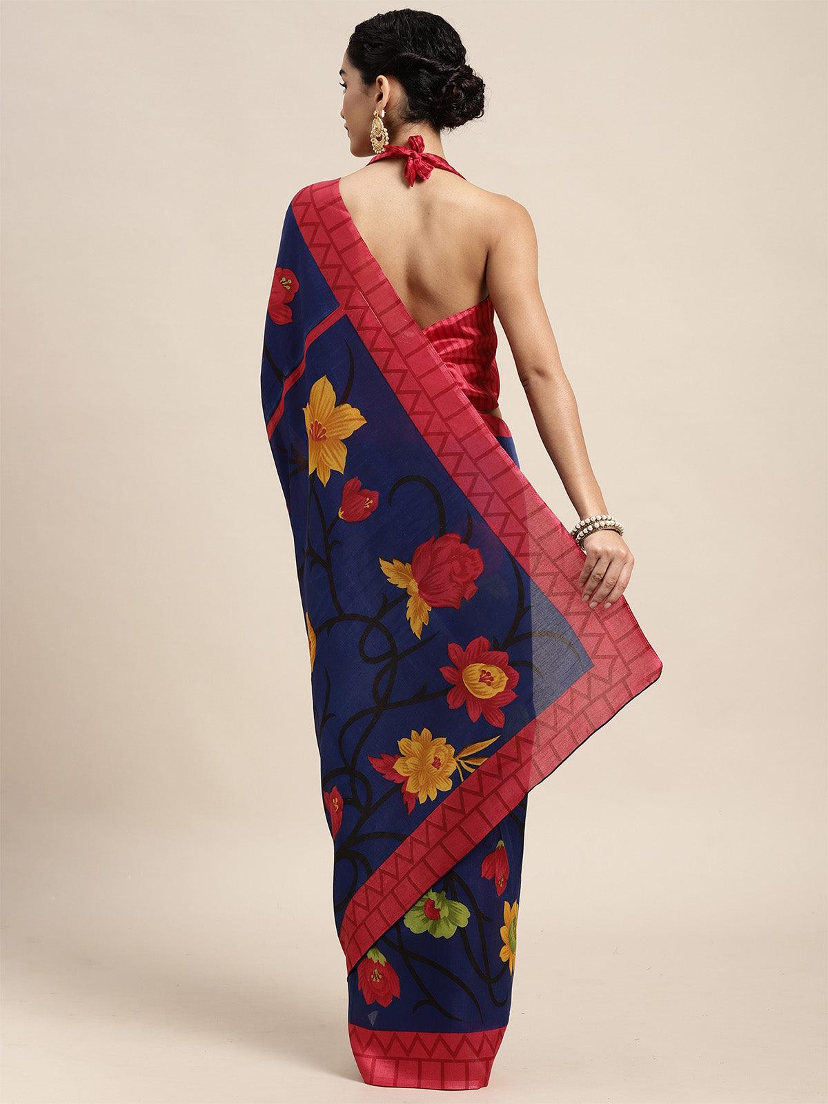 Women's Silk Blend Blue Printed Saree With Blouse Piece - Odette